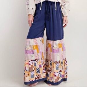 Easel Navy and Multicolor Patchwork Wide-Leg Pants